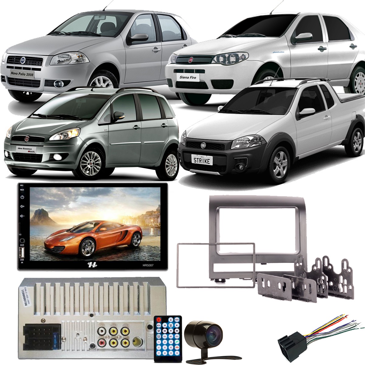 COMP Kit Central Multimídia Palio Strada Siena Idea MP5 7 pol 2Din BT USB Hurricane HR5007 + Moldura + Câmera + Chicotes