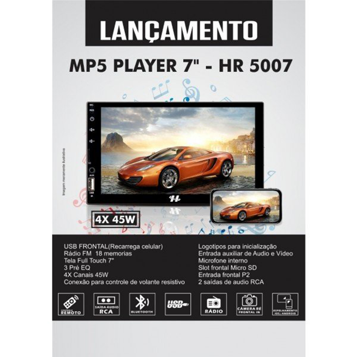 COMP Kit Central Multimídia Palio Strada Siena Idea MP5 7 pol 2Din BT USB Hurricane HR5007 + Moldura + Câmera + Chicotes