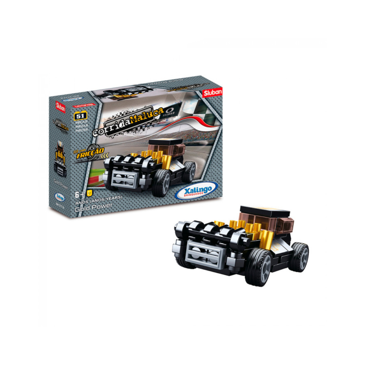 Carrinho Brinquedo de Montar Corrida Maluca Gold Power 51 Peças Xalingo - 2717.6