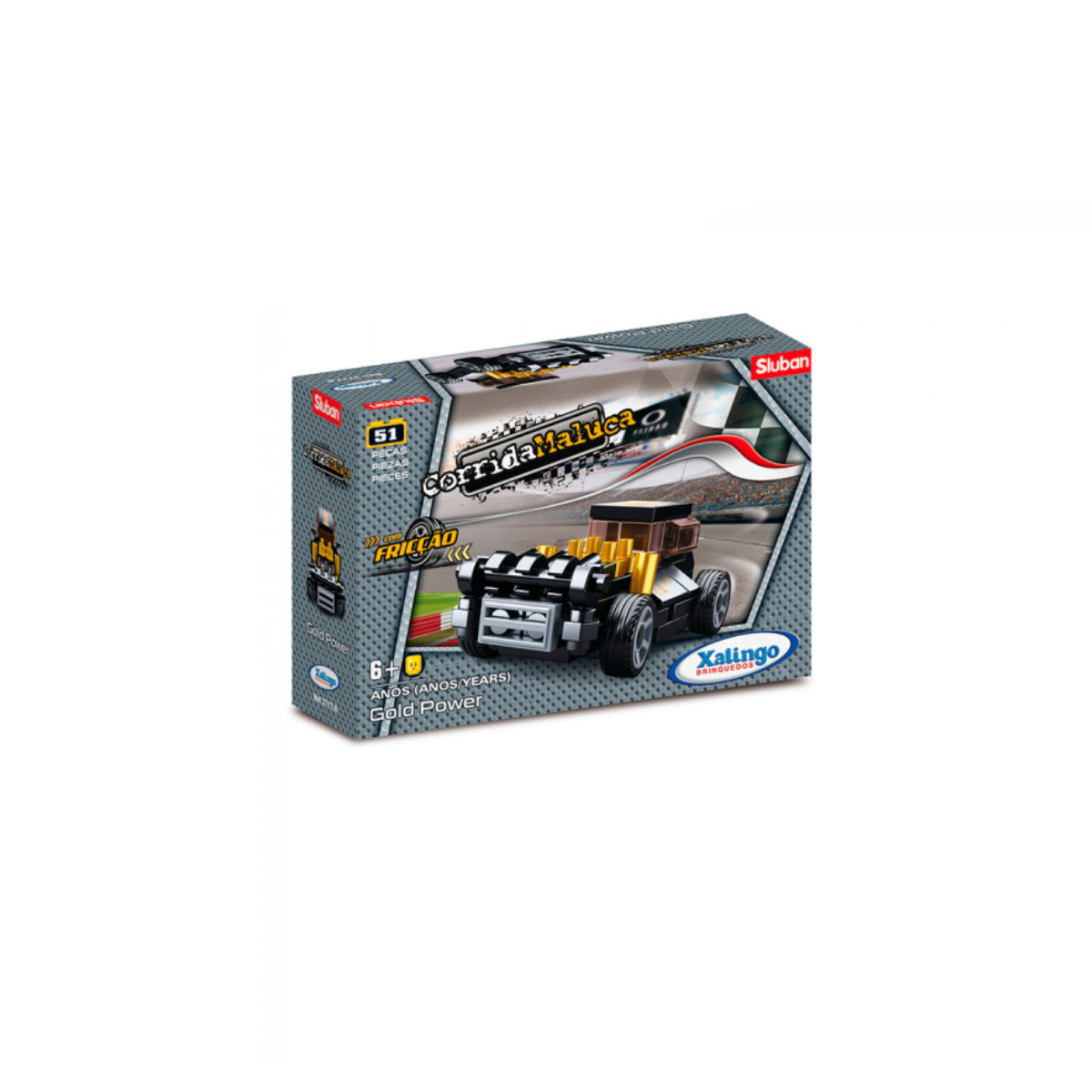 Carrinho Brinquedo de Montar Corrida Maluca Gold Power 51 Peças Xalingo - 2717.6
