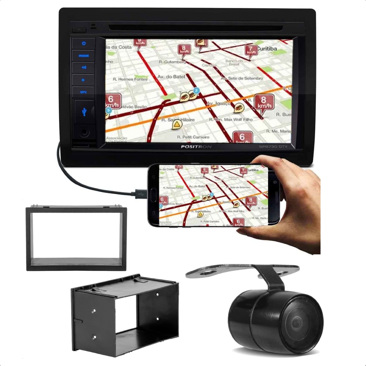 Kit Central Multimidia PST SP8730DTV Positron 2Din TV BT USB Mirror Connect DVD CD + Câmera de Ré + Mold Polo Ate 2012