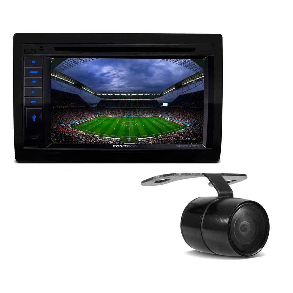 Kit Central Multimidia PST SP8730DTV Positron 2Din TV BT USB Mirror Connect DVD CD + Câmera de Ré + Mold Polo Ate 2012