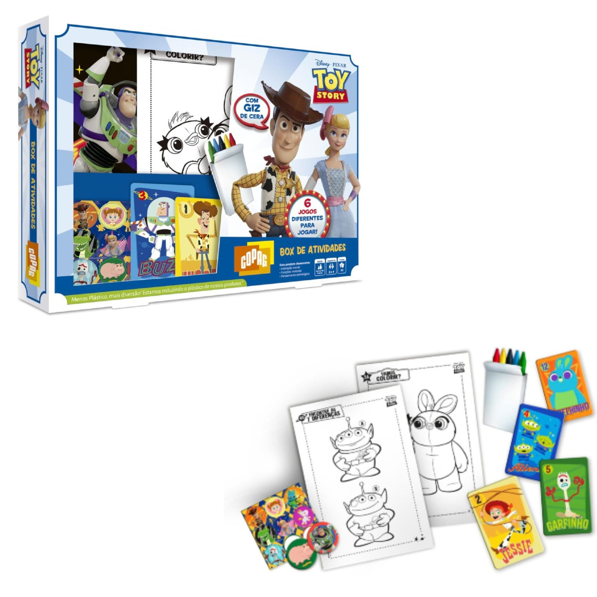 Brinquedo Box de Atividades Toy Story 4 6 jogos Diferentes e Giz de Cera para Colorir Copag 30824