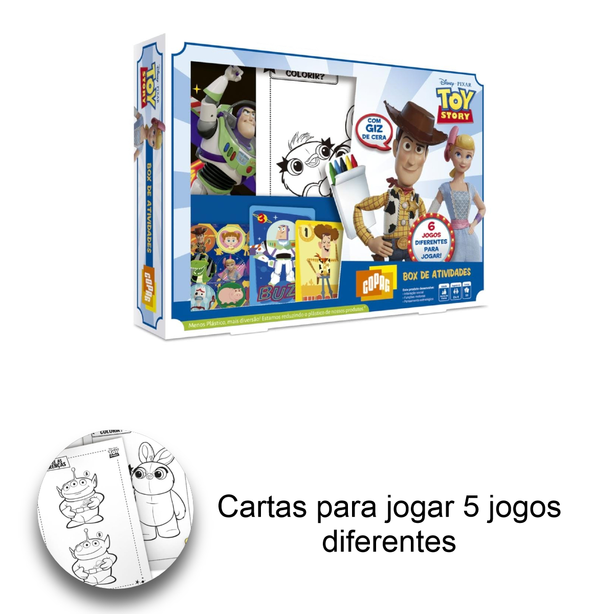 Brinquedo Box de Atividades Toy Story 4 6 jogos Diferentes e Giz de Cera para Colorir Copag 30824