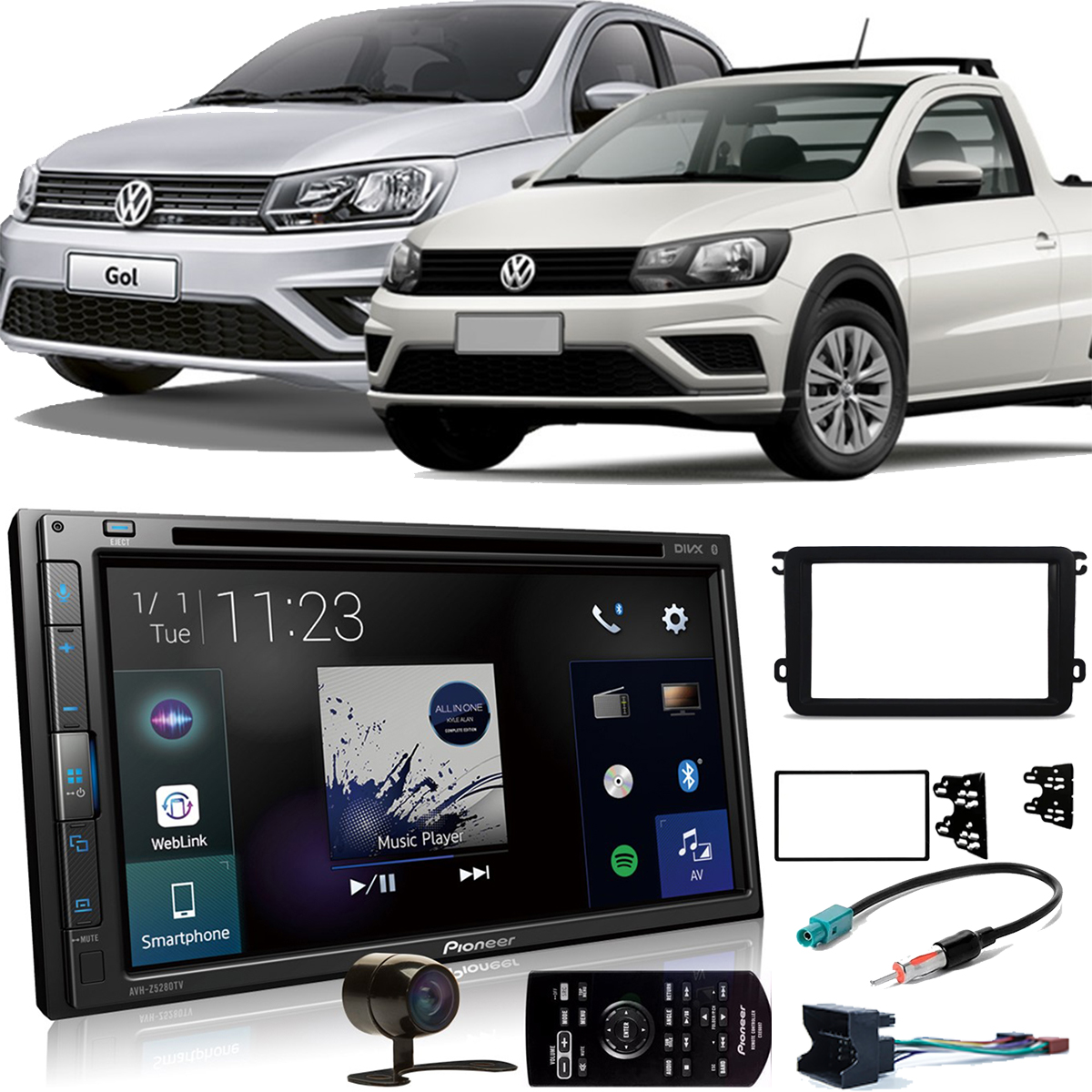 COMP Kit Multimídia Pioneer Gol G7 Saveiro G7 Robust Amarok Jetta AVH-Z5280TV + Moldura 2 din + Câmera de ré + Chicotes