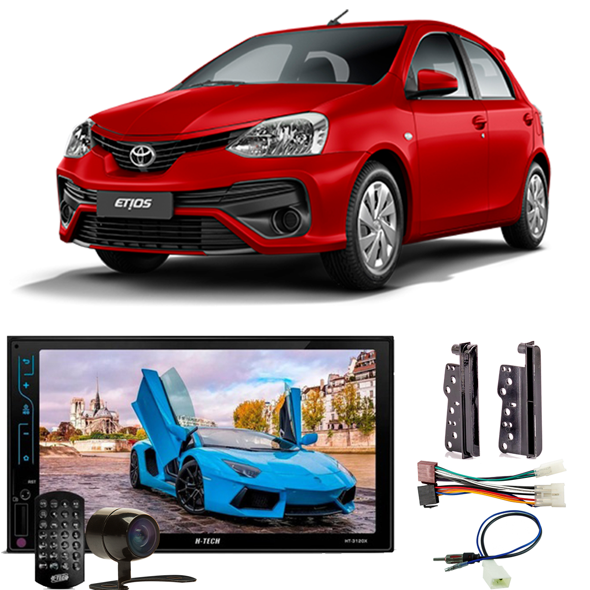 COMP Kit Central Multimídia Etios 2018 a 2021 MP5 2 Din 7 pol HT-3120X + Moldura + Câmera de ré + Chicotes