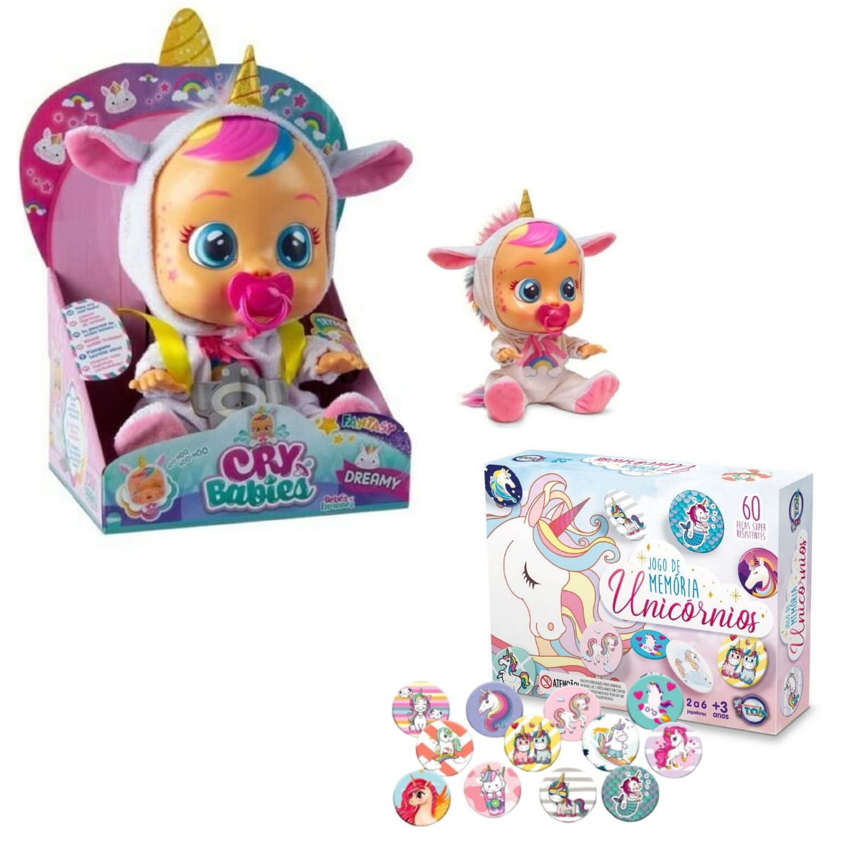 Boneca CryBabies Dreamy com Jogo da Memoria Unicornios 60 Peças