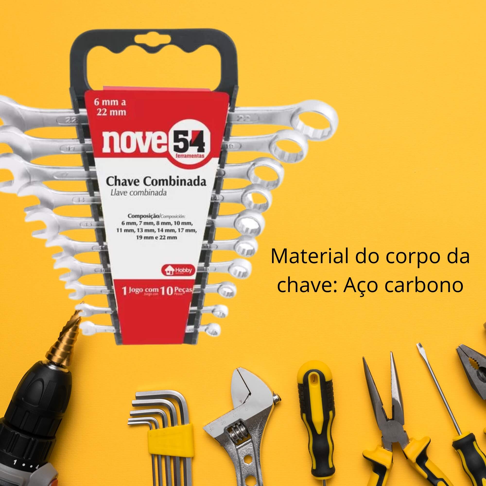 Jogo de Chaves Combinadas, 6 mm a 22 mm, Aço Carbono com 10 peças NOVE54 - 3603622000
