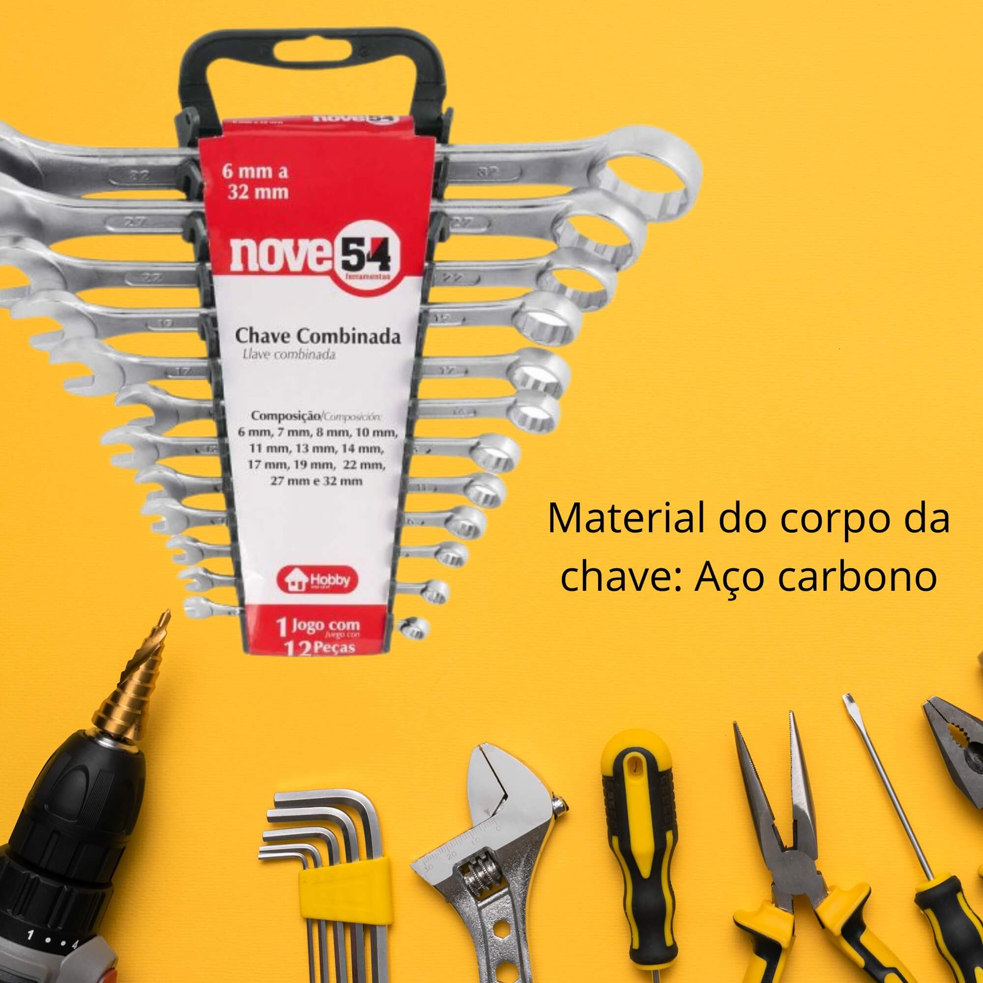 Jogo de Chaves Combinadas, 6 mm a 32 mm, Aço Carbono com 12 peças NOVE54 - 3603632000