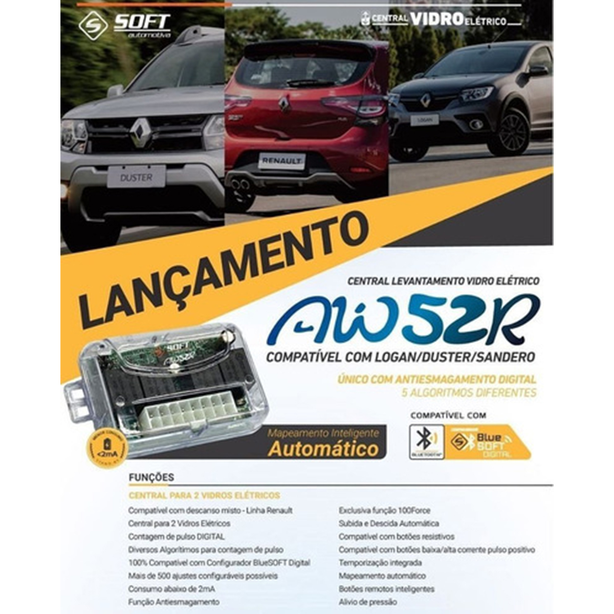Módulo De Vidro Elétrico Universal 2 Portas Linha Renault Subida Descida Automática AW52R-Soft