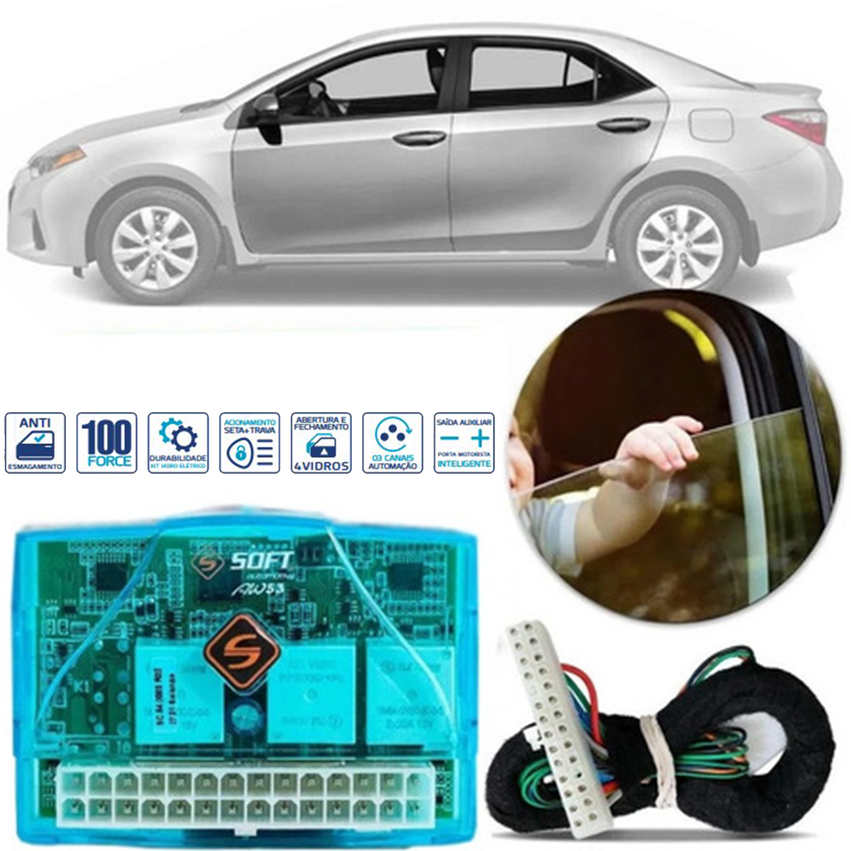 Módulo de Vidro Elétrico Universal 4 Portas Subida/Descida Digital Antiesmagamento Soft - AW53