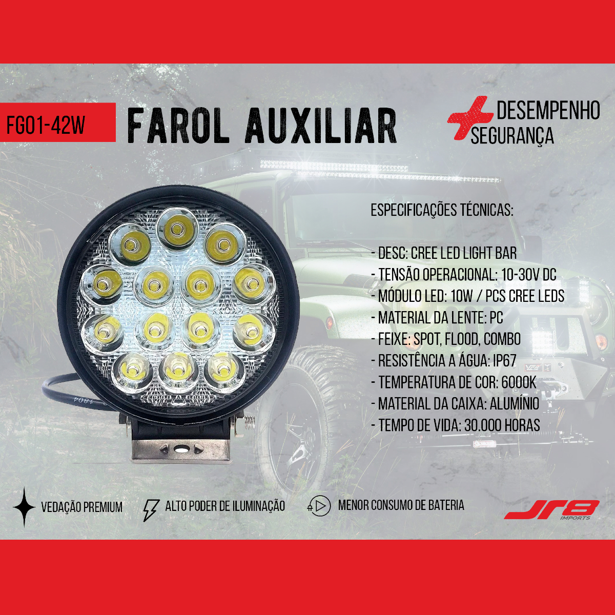 Farol Auxiliar FG01-42W R8 14 LED 6000K 10-30V Resistente à Água - JR8 JH0FA42WR14