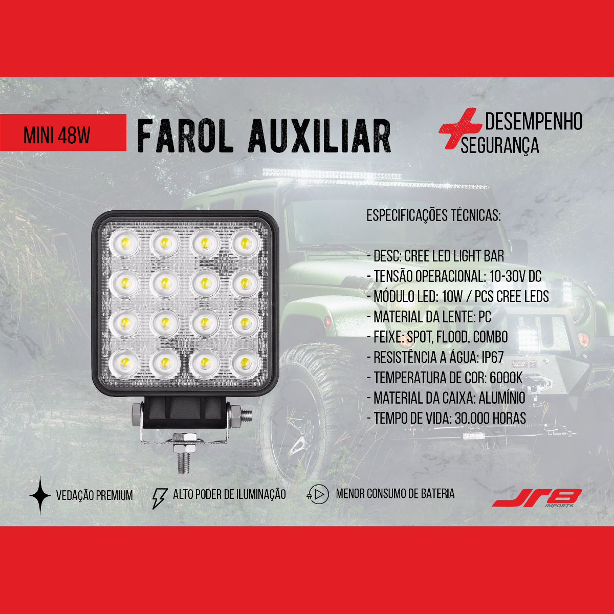 Farol Auxiliar FG01-48W R8 16 LED 6000K 10-30V Resistente à Água Alta Iluminação JR8 JH0FA48WQ16