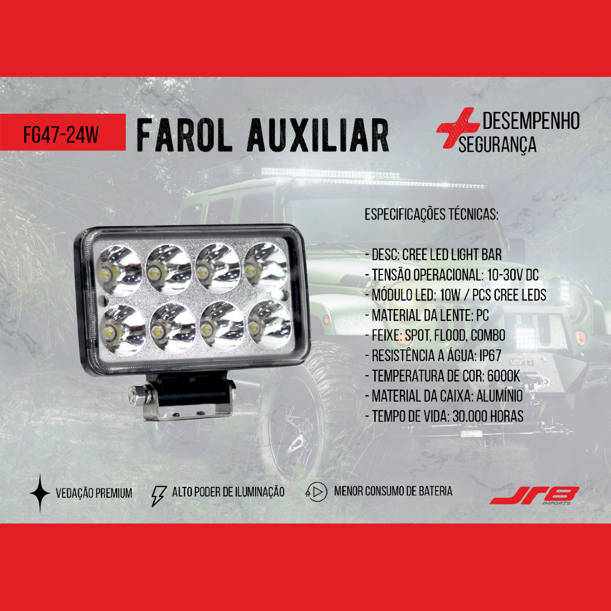 Farol Auxiliar FG47-24W R8 8 LED 6000K 10-30V Resistente à Água Alta Iluminação JR8 JH0FA24WRT8
