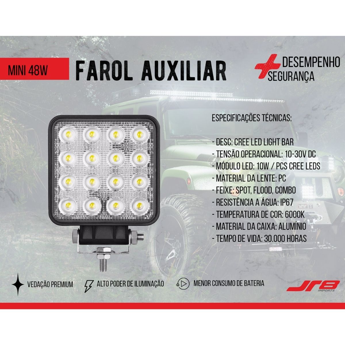 Farol Auxiliar Mini 48W 16 LED JR8