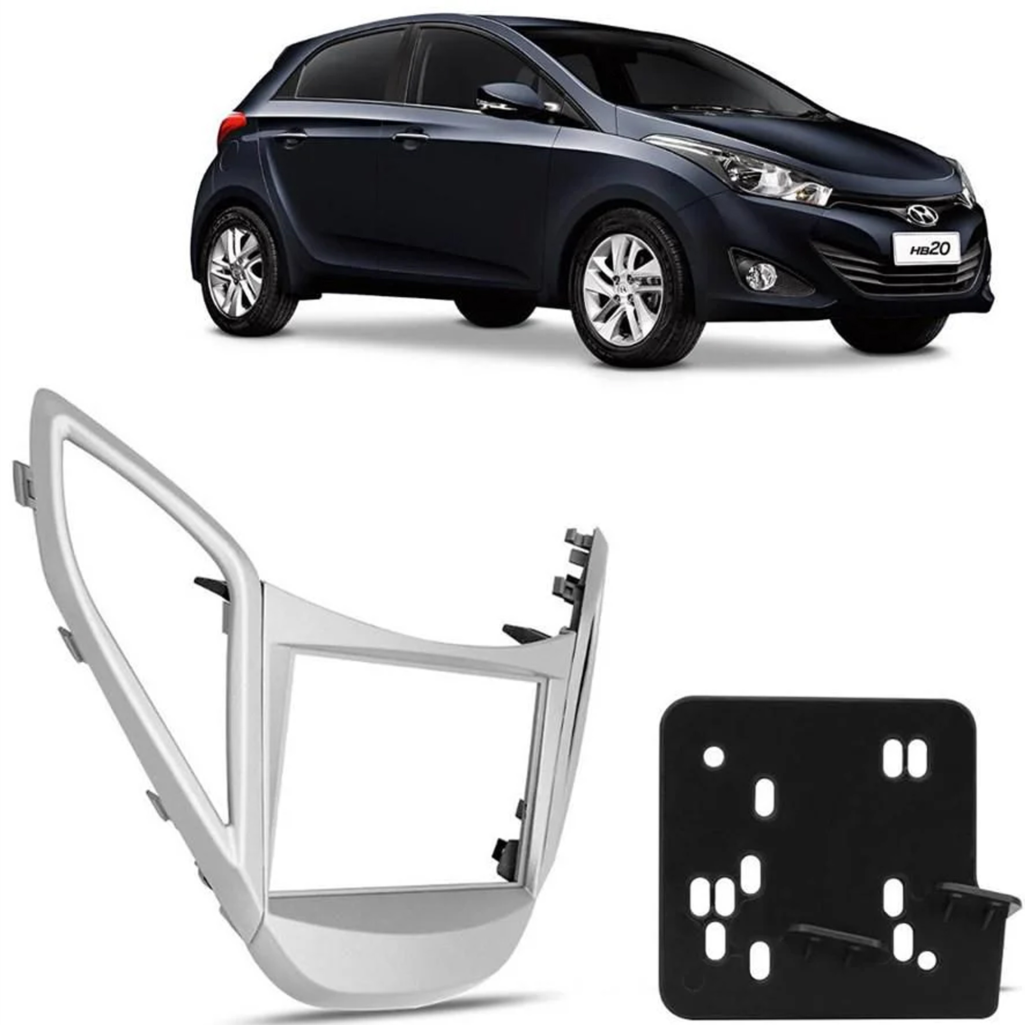 Moldura 2 Din HB20 2013 2014 2015 2016 2017 2018 2019 Prata com Aro do Ar JP/CH Expex - EPX HY-553
