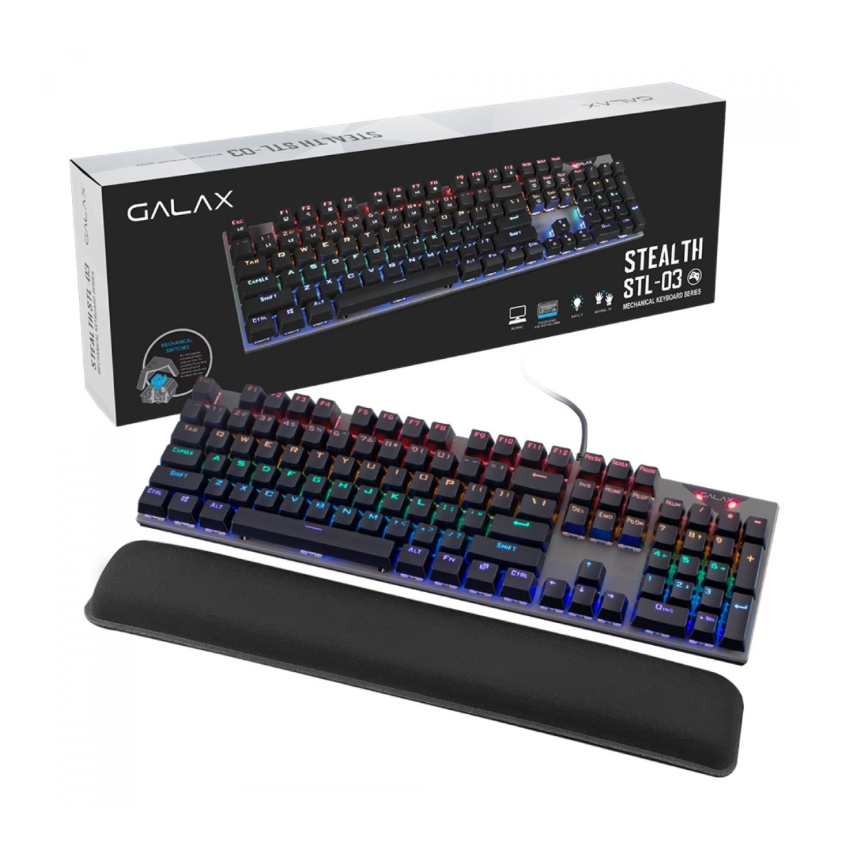Teclado Mecânico Gamer Galax Stealthy STL-03 Preto RGB Switch Blue Apoio Pulso US-KGS0314T1MR1BBK0