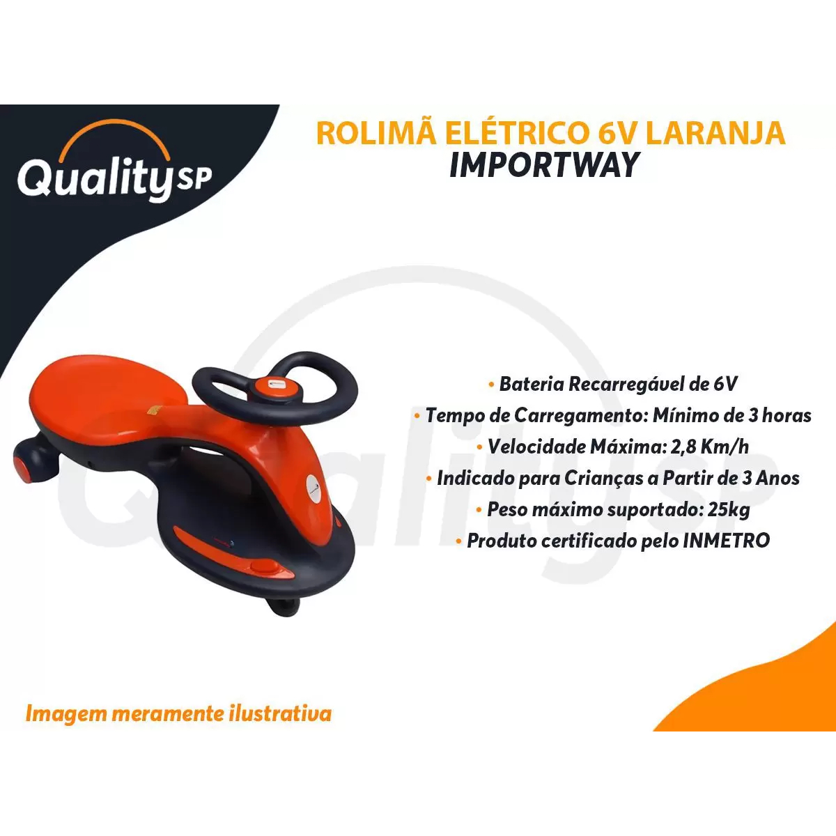 Carrinho de Rolimã Elétrico Infantil Recarregável 6V Com Giro de Volante Laranja ImportWay - BW188LR