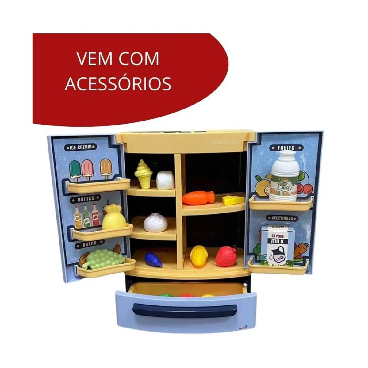 Brinquedo Mini Geladeira Infantil com Acessórios Som Luzes e Fumaça Importway - BW162