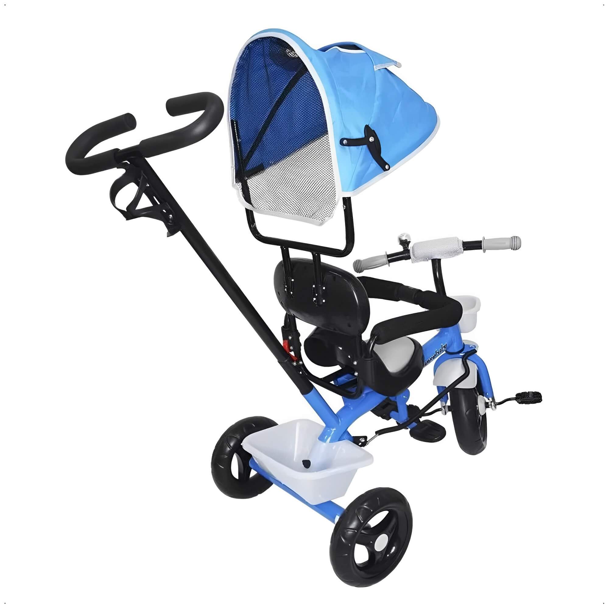 Triciclo Infantil c/ Cestinha Capota Removível e Empurrador 2 em 1 Azul ImportWay - BW084AZ