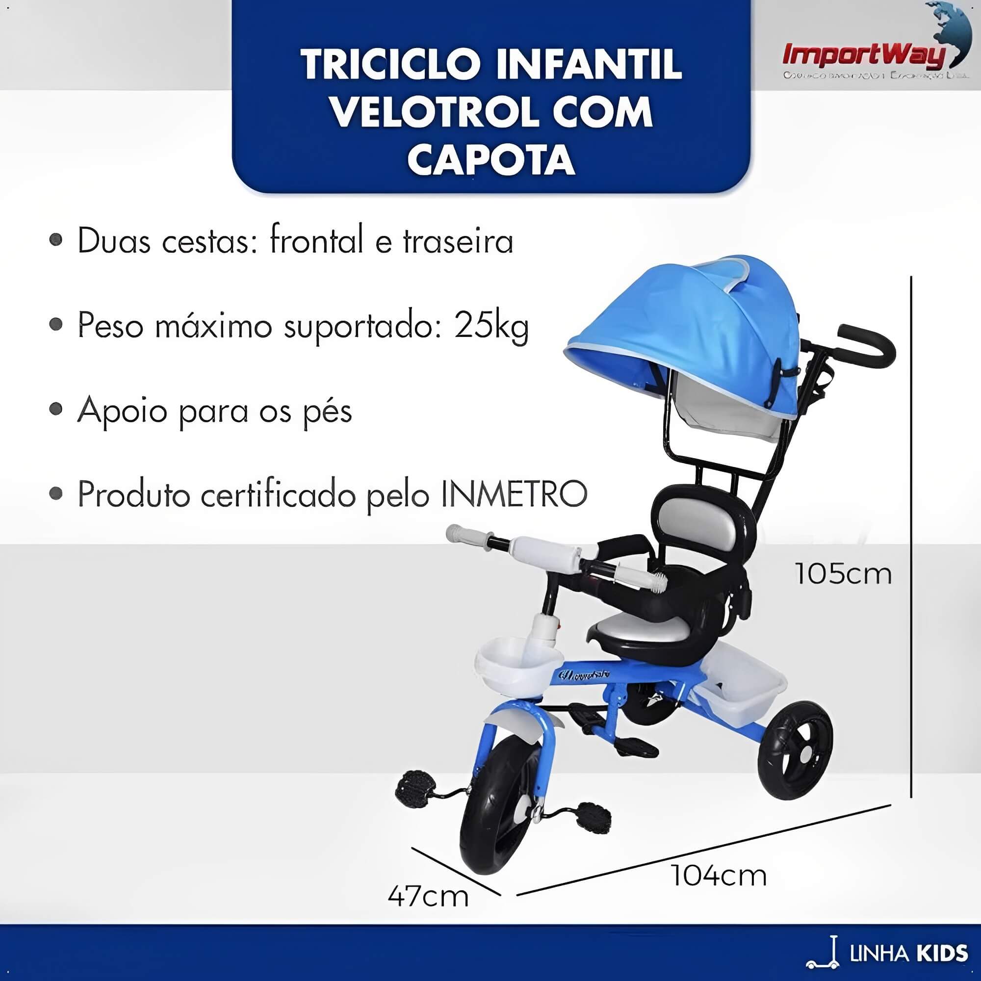Triciclo Infantil c/ Cestinha Capota Removível e Empurrador 2 em 1 Azul ImportWay - BW084AZ