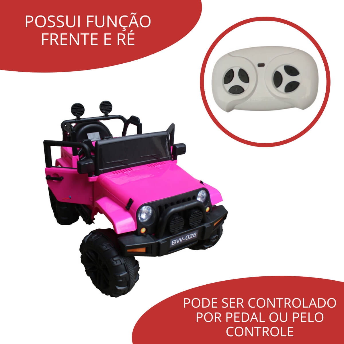 Mini Carro Jipe Elétrico Infantil Recarregável 12V Controle Remoto Som Rosa ImportWay - BR028RS