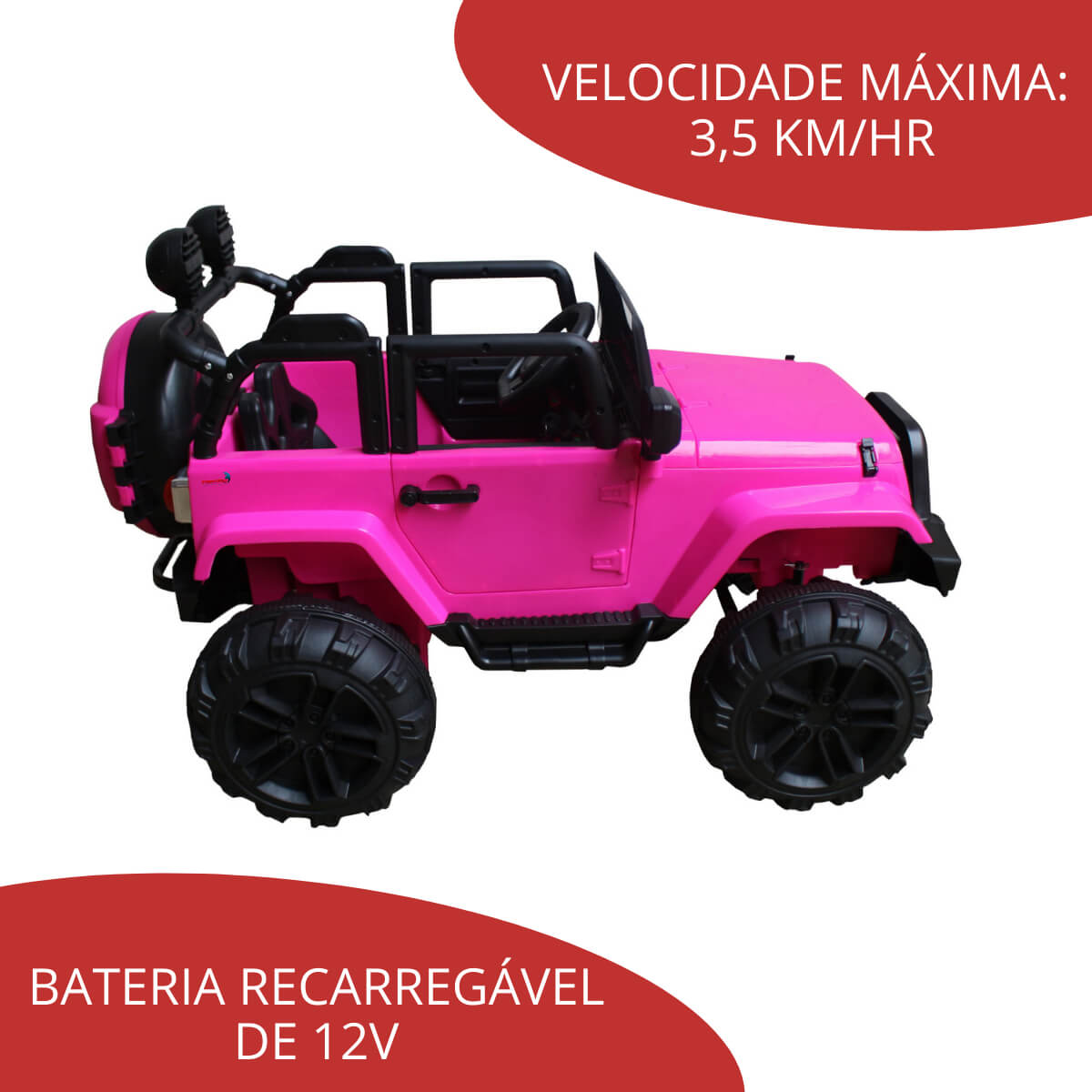 Mini Carro Jipe Elétrico Infantil Recarregável 12V Controle Remoto Som Rosa ImportWay - BR028RS