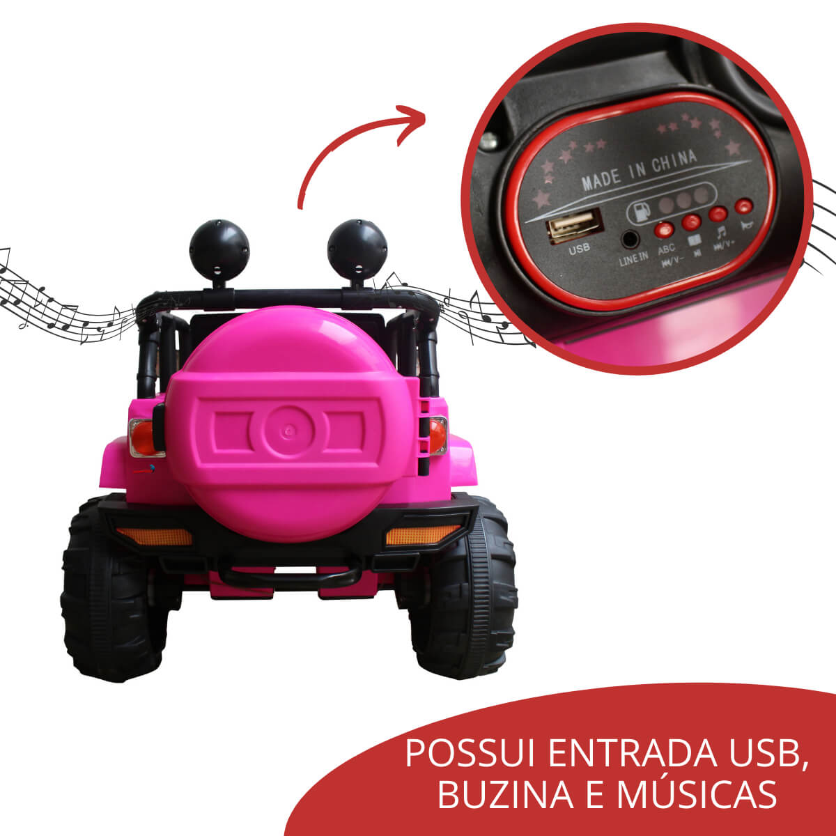 Mini Carro Jipe Elétrico Infantil Recarregável 12V Controle Remoto Som Rosa ImportWay - BR028RS