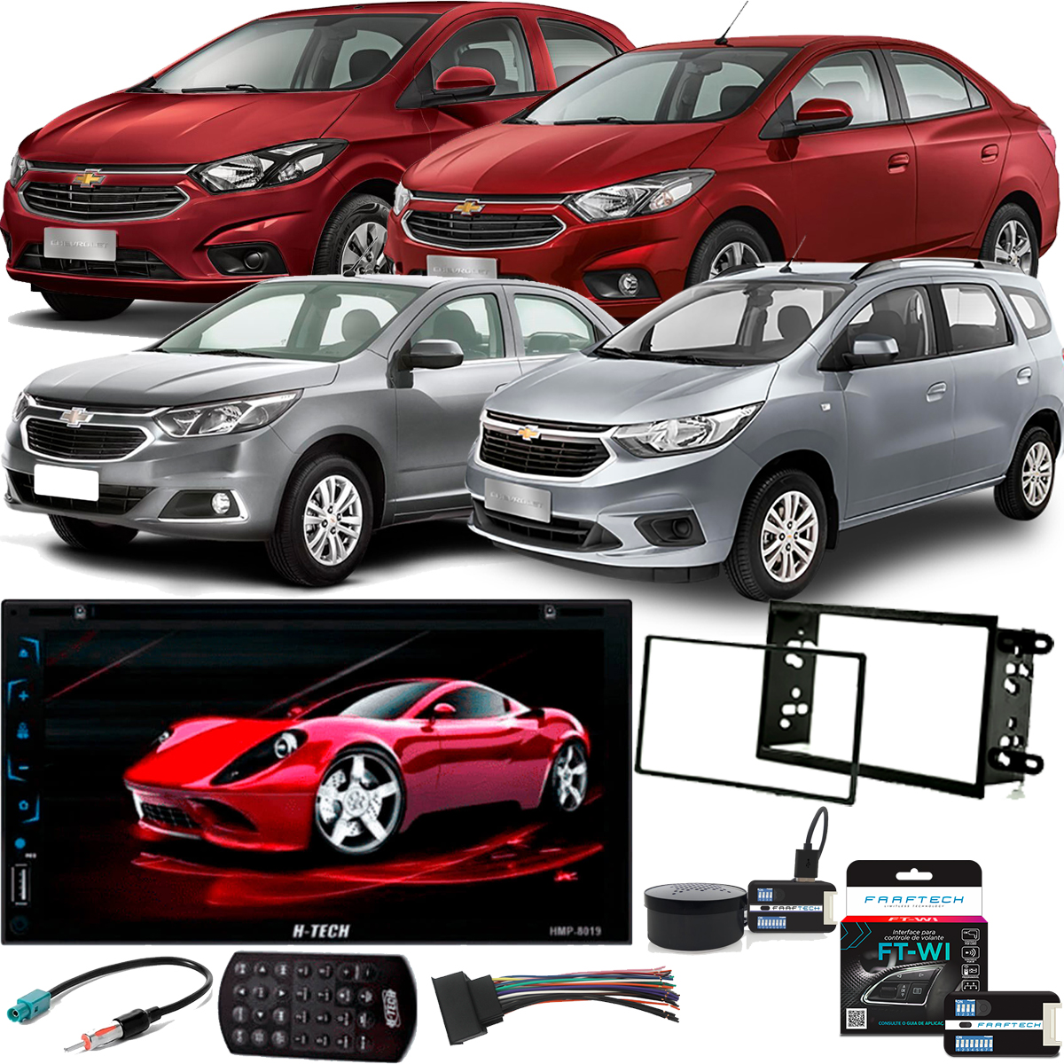 COMP Kit Multimídia Onix Cobalt Prisma Spin H-Tech HMP-8019 7 pol TV + Moldura + Câmera + Interface + Chicotes + Buzzer