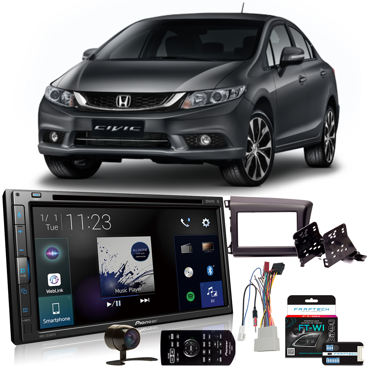 COMP Kit Multimídia Honda Civic 2012 a 2016 AVH-Z5280TV Pioneer 6,8 Pol BT + Moldura + Câmera + Interface + Chicotes