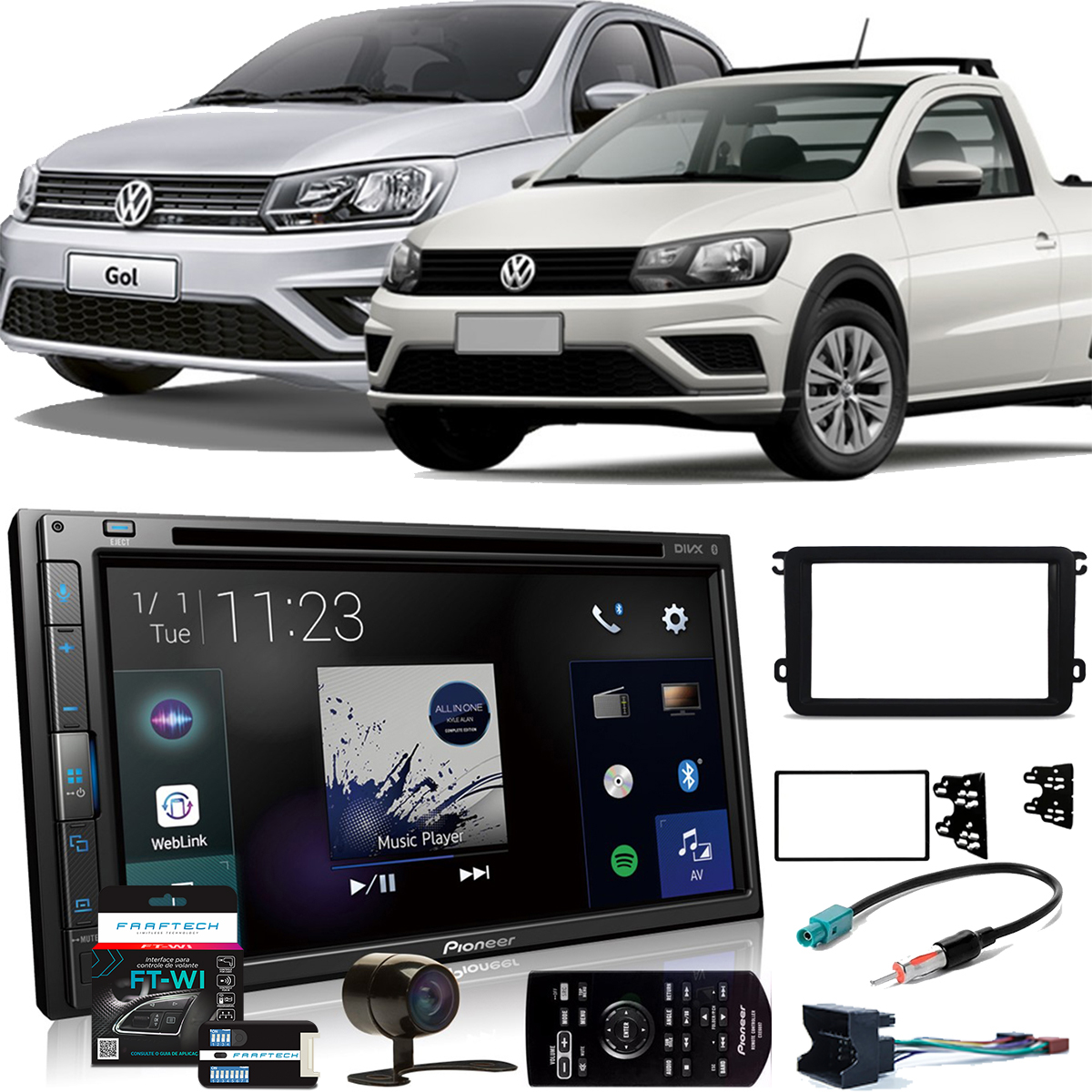 COMP Kit Multimídia Pioneer Gol G7 Saveiro G7 Robust Amarok Jetta AVH-Z5280TV + Moldura + Câmera + Interface + Chicotes
