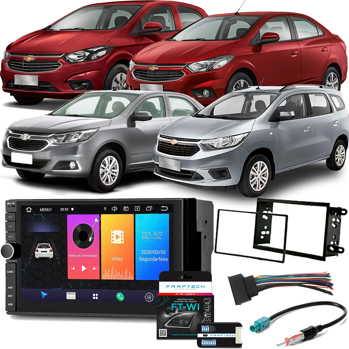 COMP Kit Central Multimídia Onix Cobalt Prisma Spin Evolve 7 pol Android 9 GP349 + Moldura + Câmera + Interface + Chicot