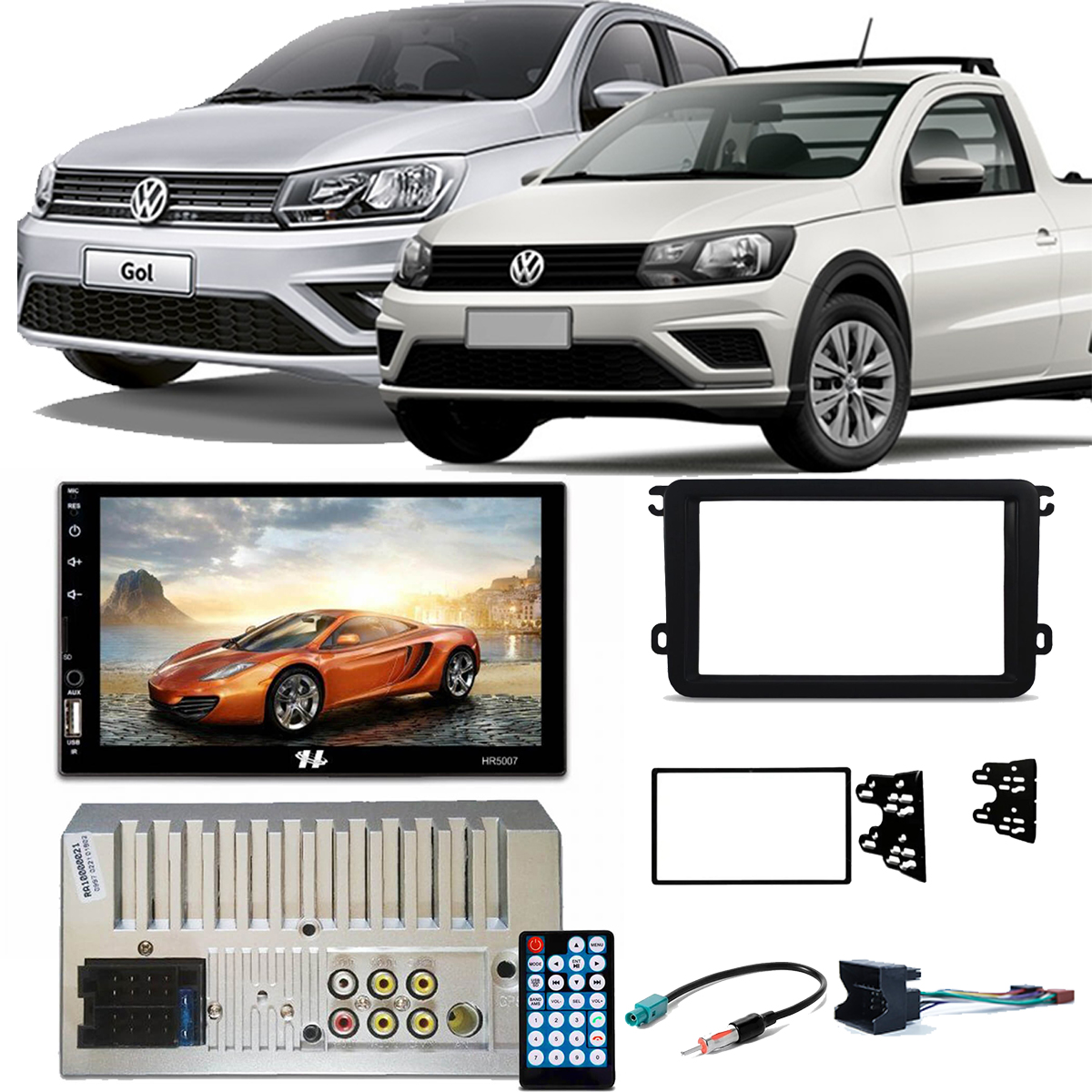 COMP Kit Multimídia Gol G7 Saveiro G7 Robust Amarok Jetta 7 pol 2 Din BT Hurricane HR5007 + Moldura + Câmera + Chicotes