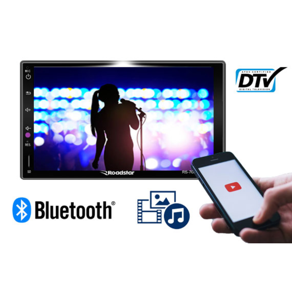 Multimídia MP5 2 din 7 Pol Bluetooth Radio USB SD TV Tela Full Touch Roadstar - RS706DTVBR