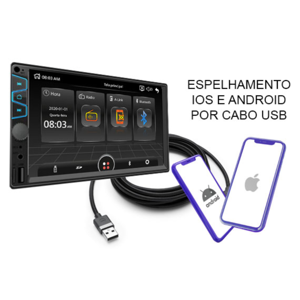 Multimídia MP5 2 din 7 pol Espelhamento Android FM/USB/Micro SD Full Touch Roadstar - RS405BR