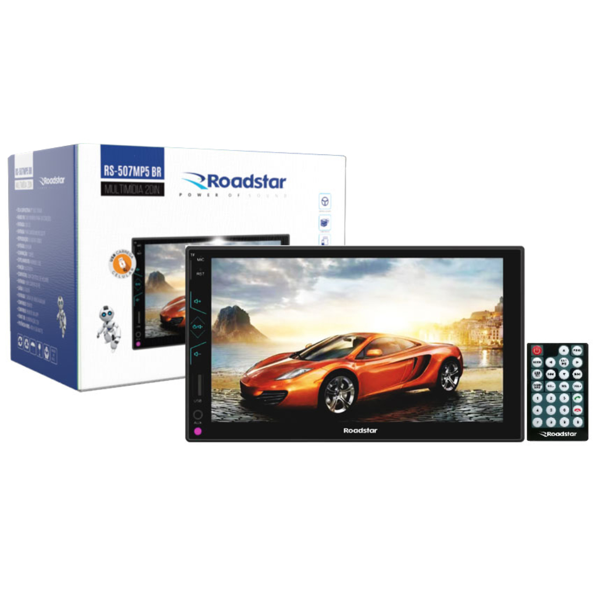 Multimídia MP5 2 din 7 pol Espelhamento Bluetooth USB Micro SD Tela Touch Roadstar - RS507MP5BR