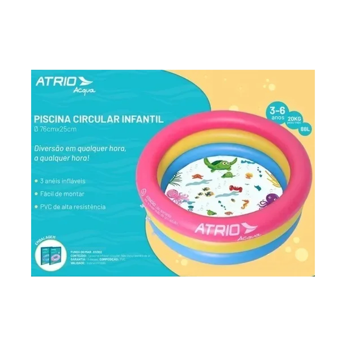 Piscina Inflável para Crianças Circular 88 Litros 76x25cm Atrio - ES302
