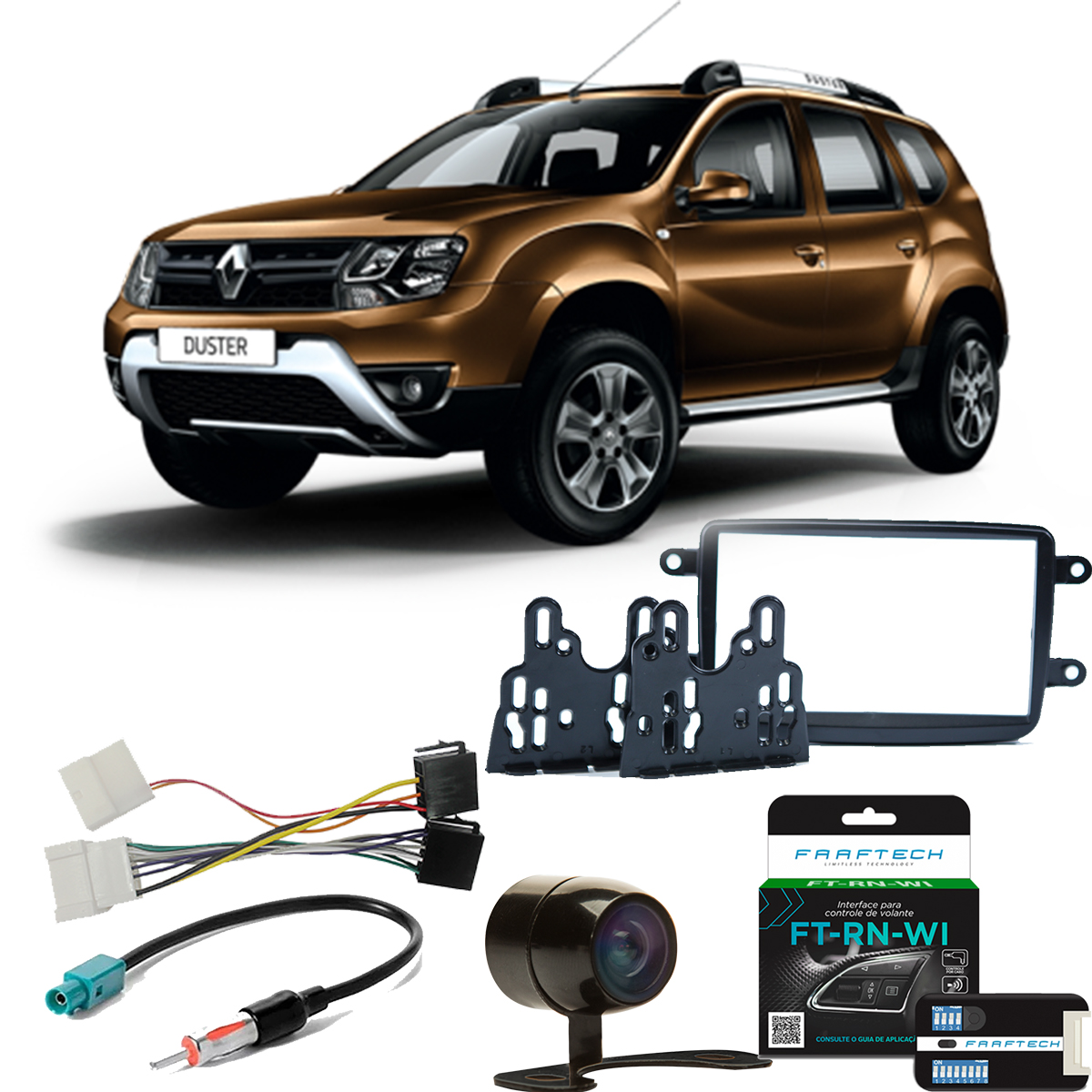 COMP Kit de instalação Multimídia Renault Duster Sandero Logan Kwid 2011 a 2021 Moldura + Câmera + Chicotes + Interface
