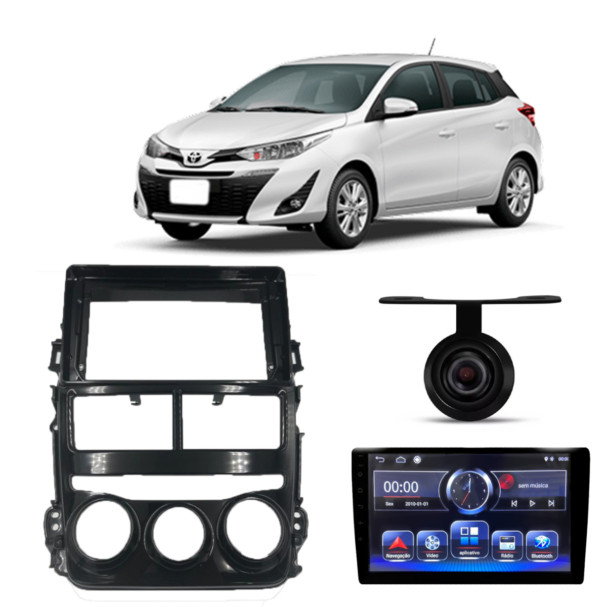COMP Kit Central Multimídia Toyota Yaris 9 pol 2018 em diante Câmera + Moldura + Chicotes