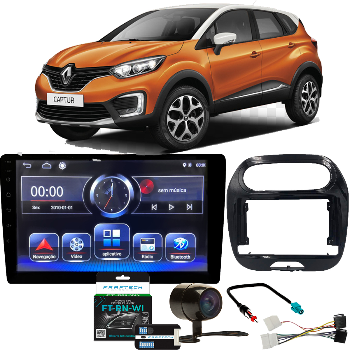COMP Kit Central Multimídia Renault Captur 9 pol 2018 em diante Moldura + Câmera + Chicotes + Interface de volante