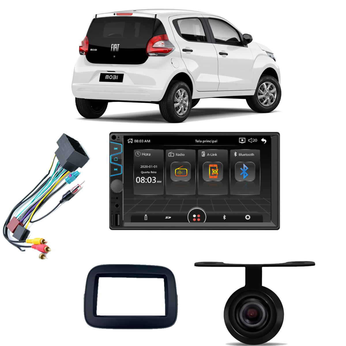 COMP Kit Central Multimídia 7 pol RS405BR Fiat Mobi 2016 a 2022 sem Som de Fábrica Moldura + Chicote + Câmera