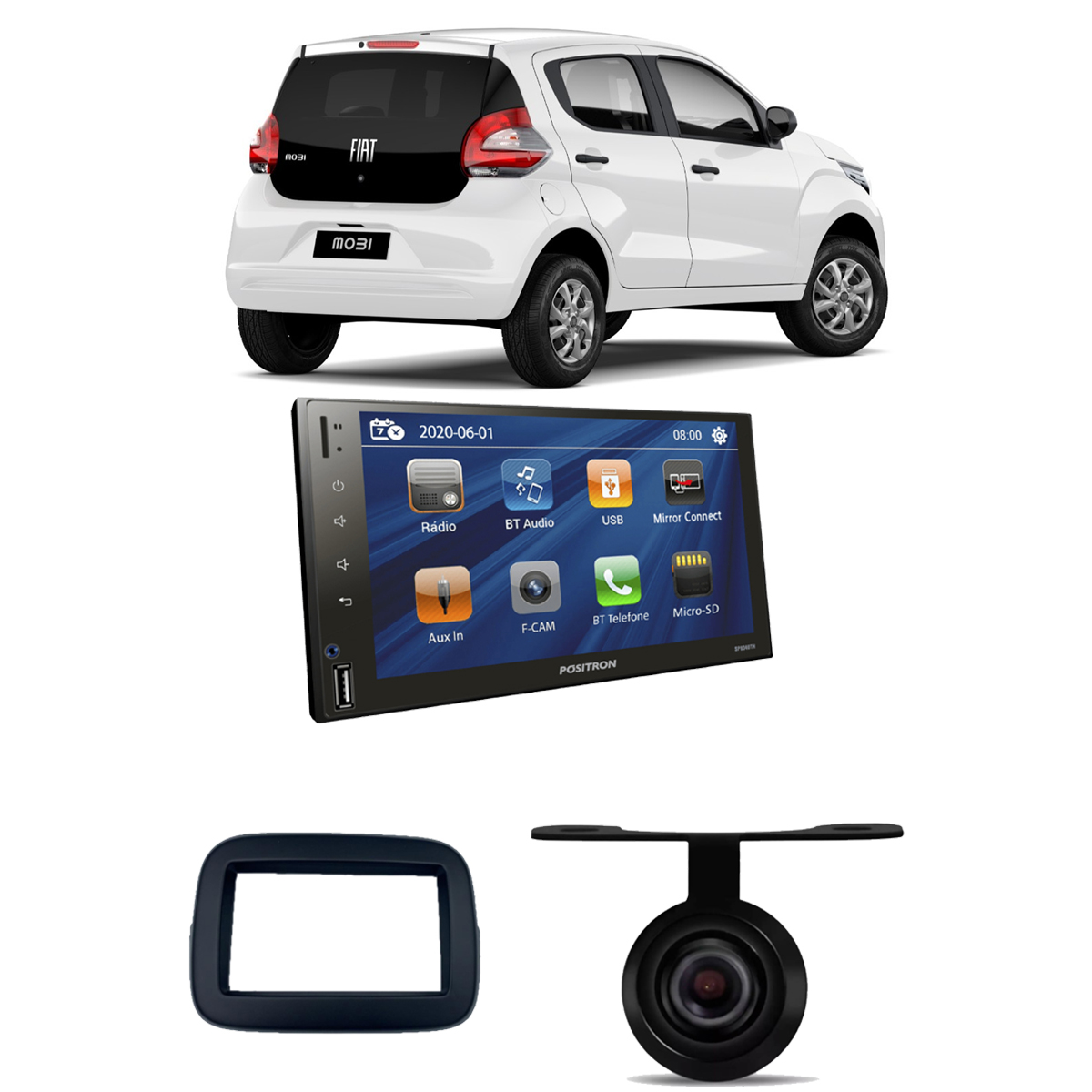 COMP Kit Central Multimídia 7 pol SP8340TH Fiat Mobi 2016 a 2022 sem Som de Fábrica Moldura + Chicote + Câmera