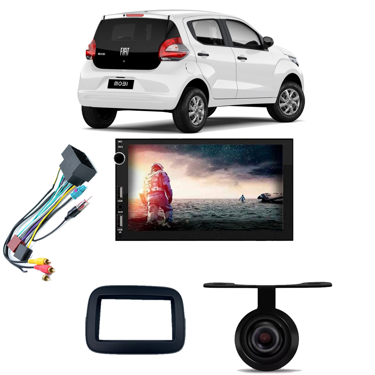 COMP Kit Central Multimídia 7 pol MP5-7850 Fiat Mobi 2016 a 2022 sem Som de Fábrica Moldura + Chicote + Câmera