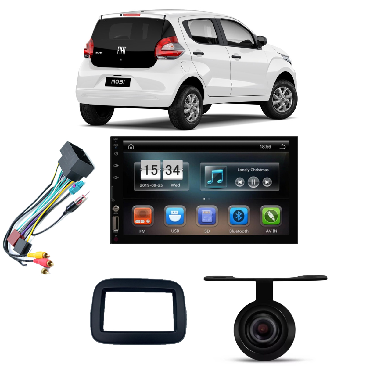 COMP Kit Central Multimídia 7 pol RM-CW7009 Fiat Mobi 2016 a 2022 sem Som de Fábrica Moldura + Chicote + Câmera