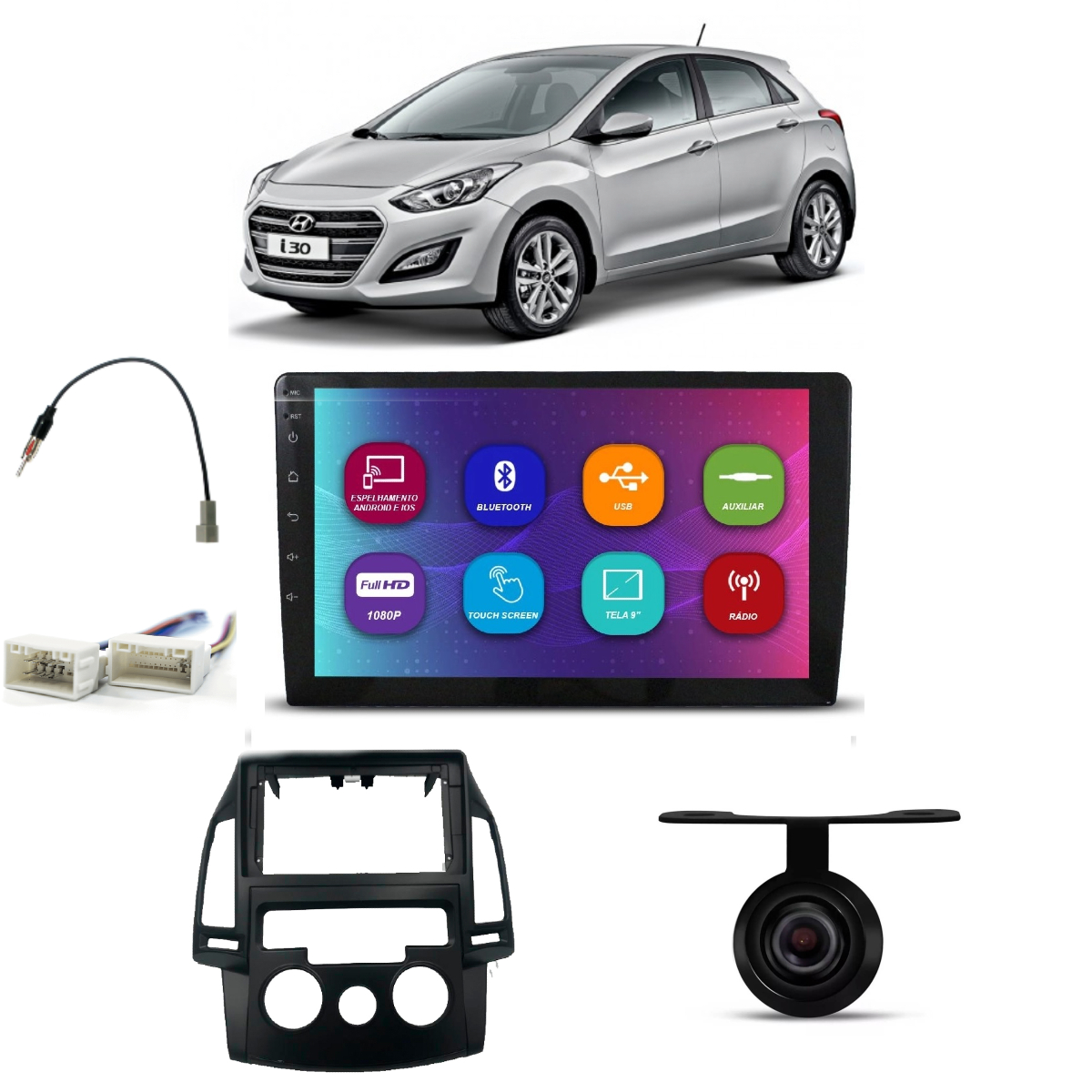 COMP Kit Central Multimídia 9 pol C8001 Hyundai i30 com Ar Analógico 2009 até 2013 Moldura + Chicotes + Câmera