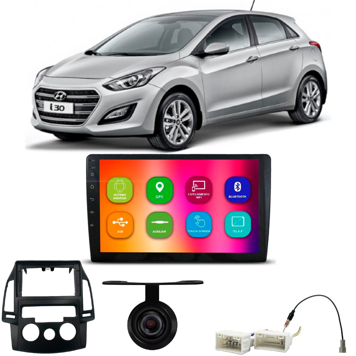 COMP Kit Central Multimídia 9 pol CM9116 Hyundai i30 com Ar Analógico 2009 até 2013 Moldura + Chicotes + Câmera