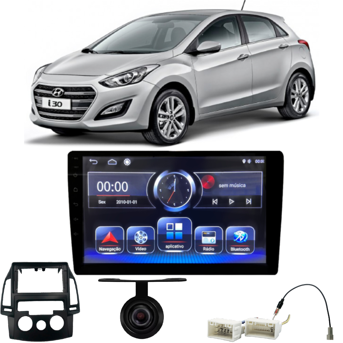 COMP Kit Central Multimídia 9 pol RS905BR Hyundai i30 com Ar Analógico 2009 até 2013 Moldura + Chicotes + Câmera