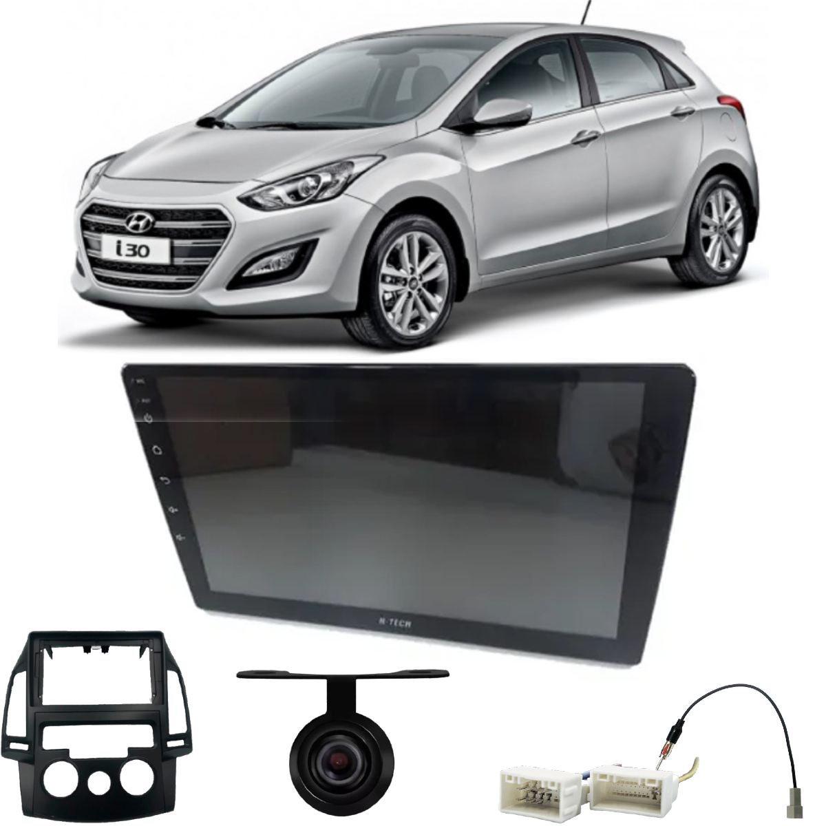 COMP Kit Central Multimídia 9 pol HT9020 Hyundai i30 c/ Ar Analógico 2009 até 2013 Moldura + Chicotes + Câmera