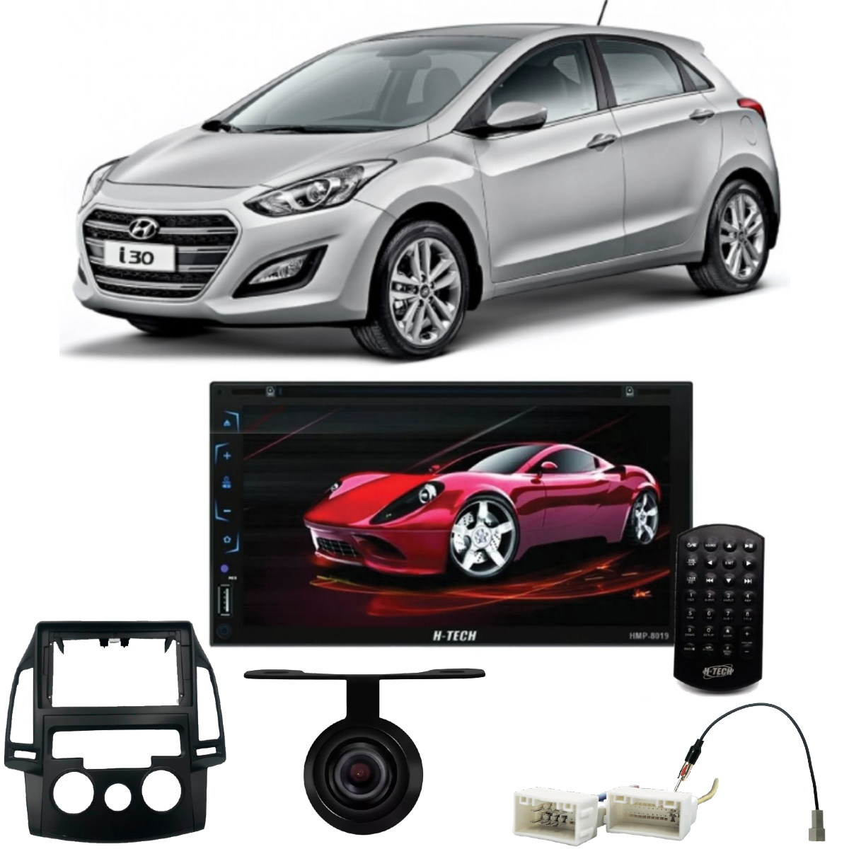 COMP Kit Central Multimídia 7 pol HMP8019 Hyundai i30 c/ Ar Analógico 2009 até 2013 Moldura + Chicotes + Câmera