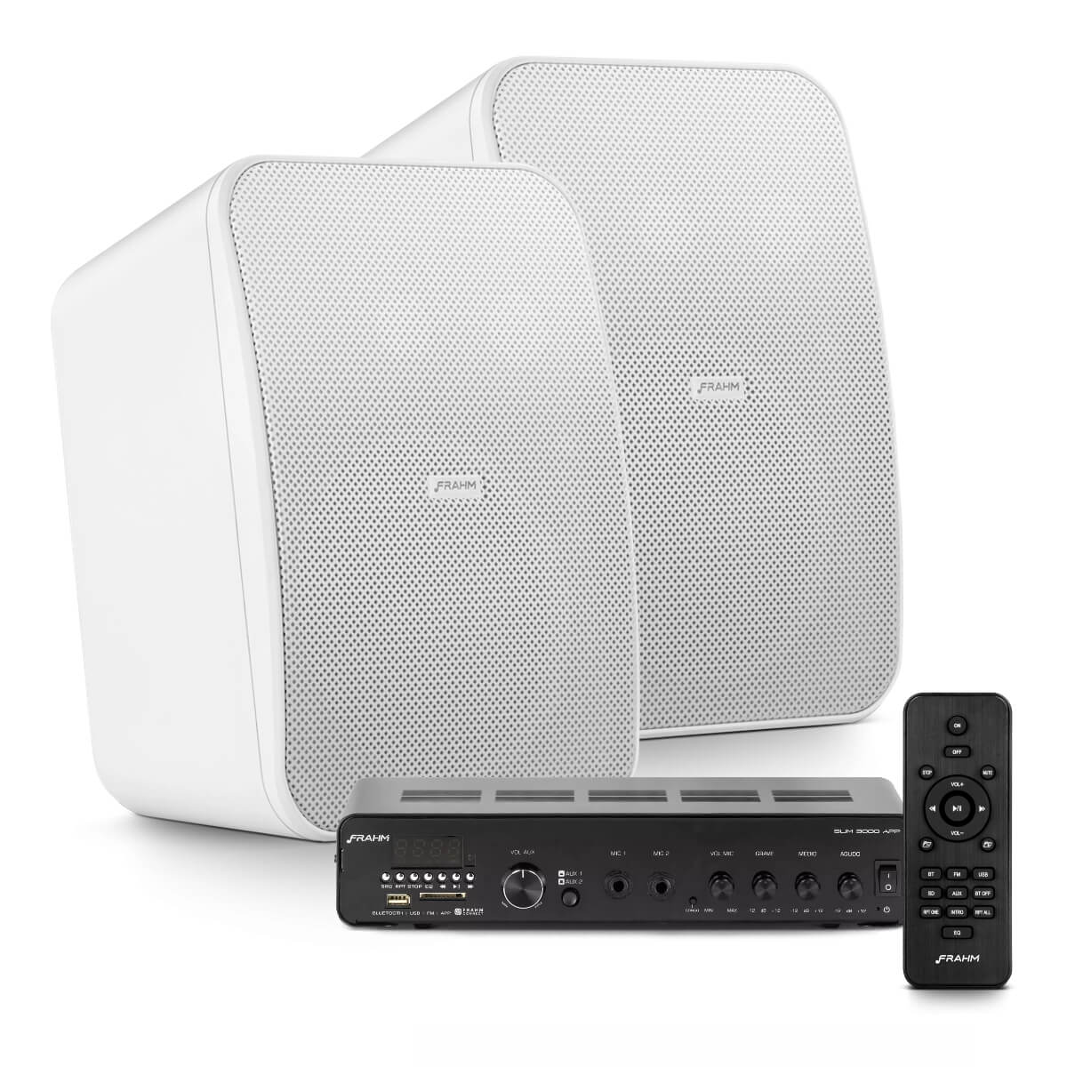 Kit Amplificador de Som Ambiente Frahm Slim 3000 + Par Caixa de Som Passiva CS 6'' 8 Ohms Branca Frahm